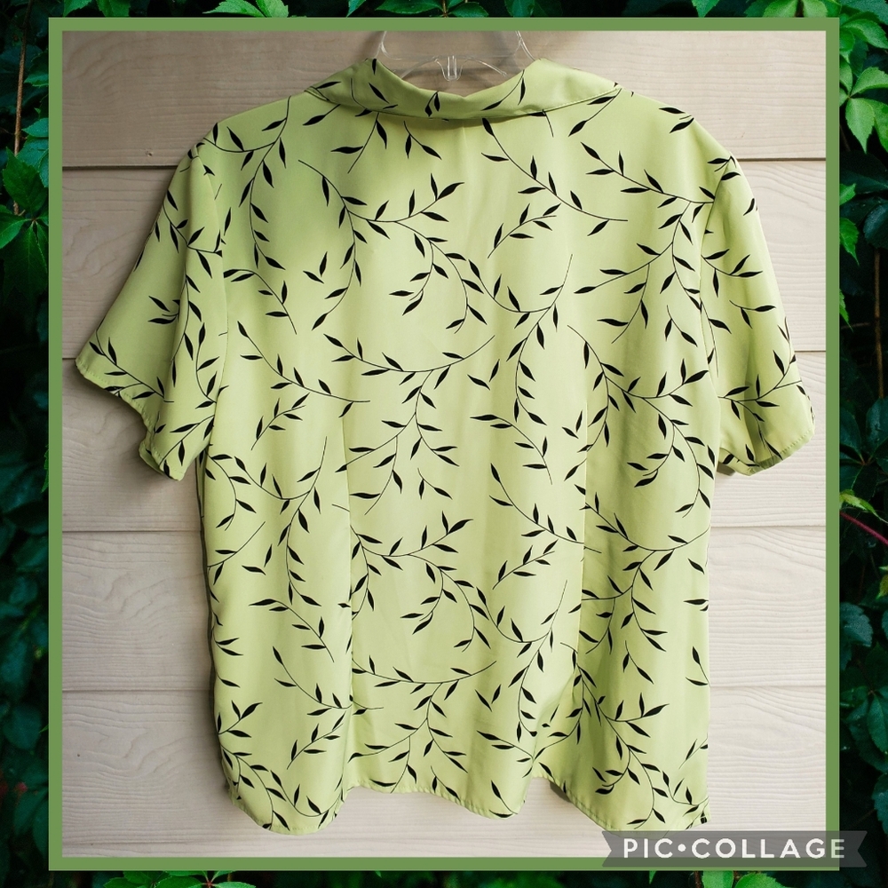 elementz Black Vine Leaf Pattern Short Sleeve Button-down Pistachio Green Blouse - Picture 13 of 13